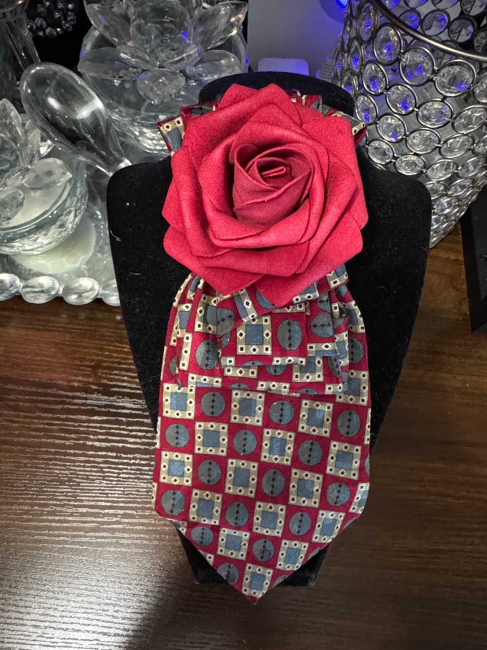 Red Patterned Women's tie  Accessory with Rose Accent